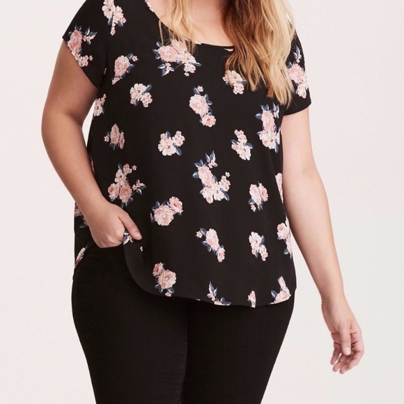 torrid Tops - Torrid Semi Sheer Floral Black Top Blouse Shirt Size 00 Draped Back Cutout